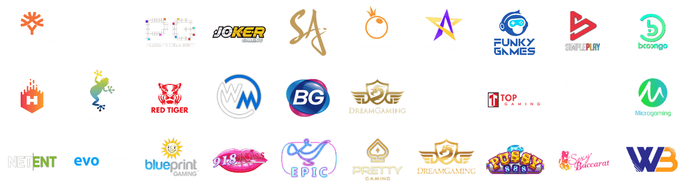 ภาพรวมโลโก้ค่ายเกมชั้นนำของ NBA169 เช่น Pragmatic Play, PG Soft, Joker Gaming, Dream Gaming, EvoPlay และค่ายสล็อตออนไลน์ยอดนิยม สำหรับหน้าเว็บคาสิโนและสล็อต nba169